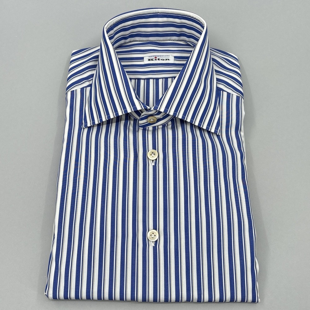 Kiton Shirt Mens 15.75 40 Blue Stripe Regular Long Sleeve Dress Italy Spread NEW